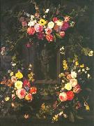 Garland of flowers surrounding Christ figure in grisaille